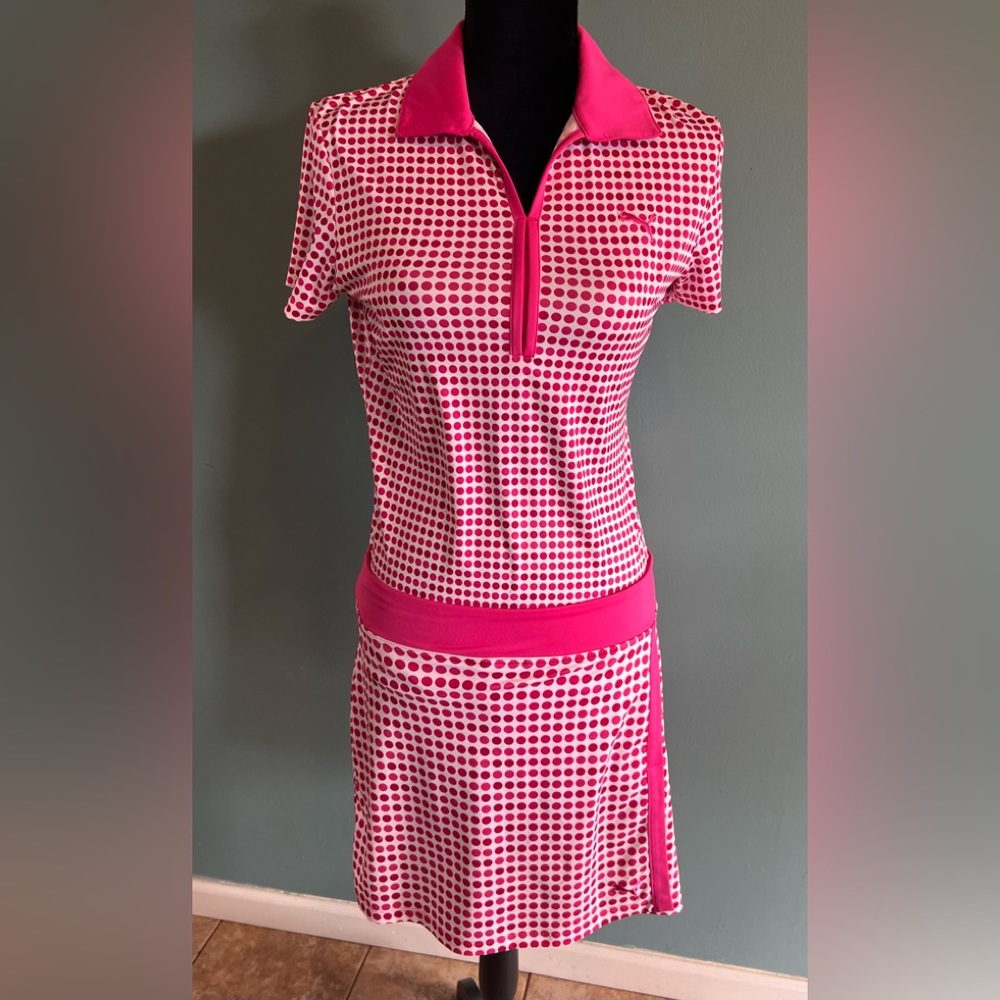 2 pc Puma golf Polo & Skort - pink & white polka dot - cell dry moisture wicking